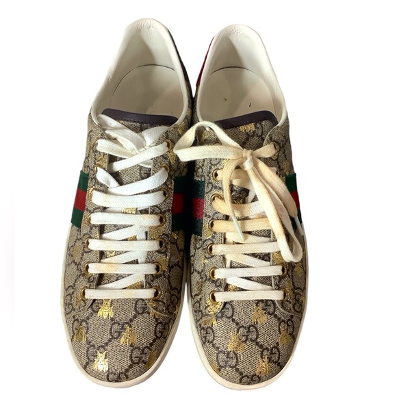 GUCCI GG Supreme Monogram Bees Ayers Web Womens Ace Sneakers Beige Oro Green Red - Picture 2 of 7